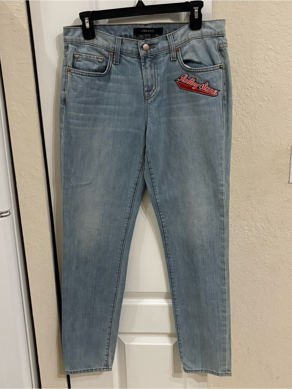 J Brand Aiden Meadow Jeans Light Blue Ankle Slim Jeans with Rolling Stones Patch